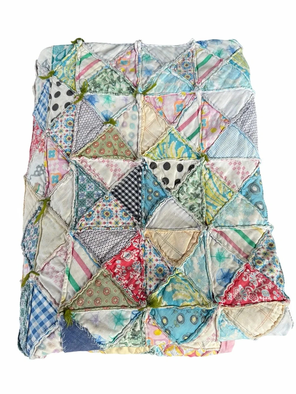Vintage Scrappy Patchwork Quilt Hand Sewn Feedsack Textured Pastels 53x69 READ